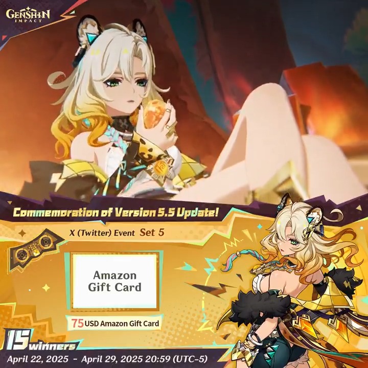 ✨Set 5✨ Commemoration of Version 5.5 Update 🎁Participate in the event for a chance to win a $75 Amazon gift card. How to Participate: ① Follow Genshin Impact ② Retweet this post You can instantly check the event results here>>> #GenshinImpact