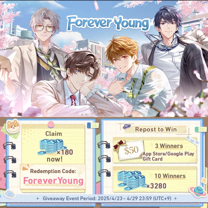 #ForeverYoung Event Trailer 🌸 Release Bonus Redeem the "ForeverYoung" code for 🔹S-Chip ×180🔹 >> 🌸 Lucky Draw Repost to win 50USD Gift Card (3 winners) and S-Chip ×3280 (10 winners)! Event Coming on 2025/4/30! ↓More Details↓ #TearsOfThemis