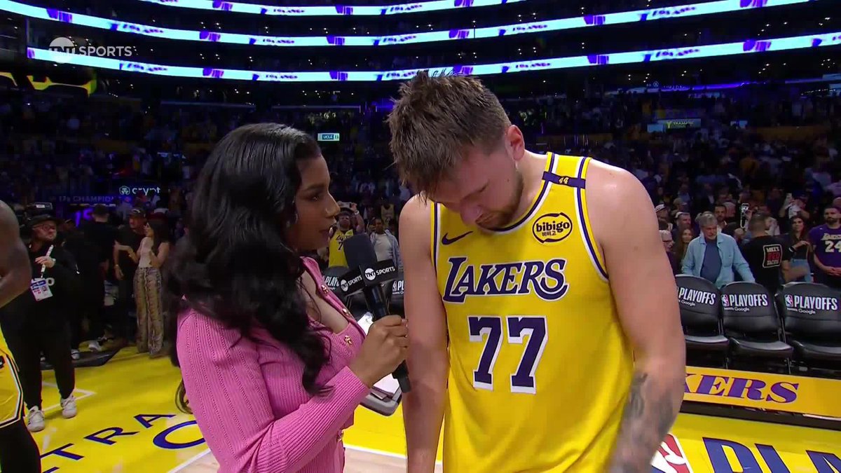 "It don't matter... if I have 30 or if I have 10, we just gotta win" 💯 Luka reacts to becoming the third Los Angeles Lakers player to have 30+ points in their first two #NBAPlayoff games with Taylor Rooks 👏