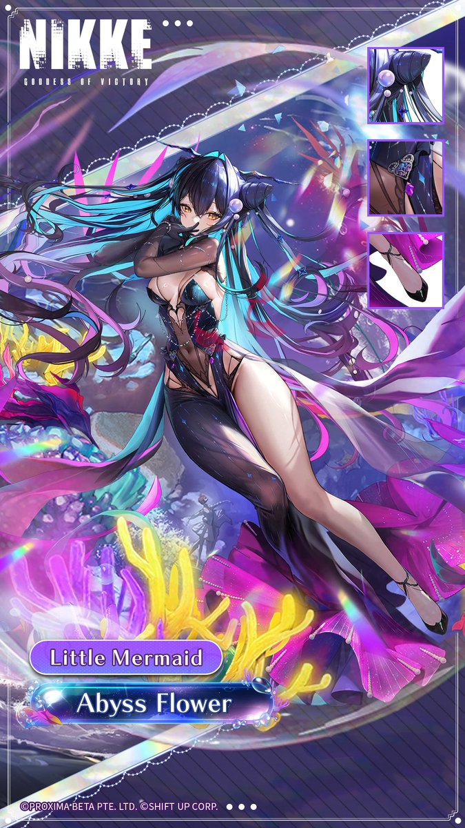 【Little Mermaid Costume Introduction】 👕 Costume Name: Abyss Flower 👧 Nikke: Little Mermaid 🎁 How to obtain: Costume Gacha A flower of joy blooms in the depths of the sea. HD Ver 🔗: Event Period 📅 ~ 5/15 4:59 (UTC+9) #NIKKE #NIKKEmermaid #NIKKEAnniversary