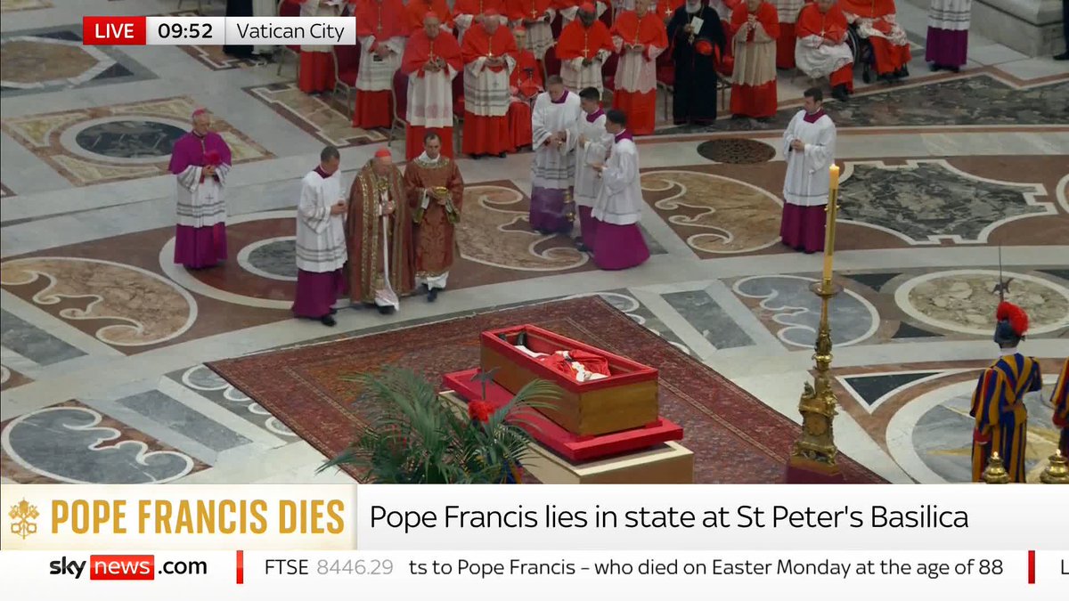 Cardinal Kevin Farrell, the camerlengo, sprinkles the body of Pope Francis with holy water and "purifies" it with incense. Live updates: 📺 Sky 501, Virgin 602, Freeview 233 and YouTube