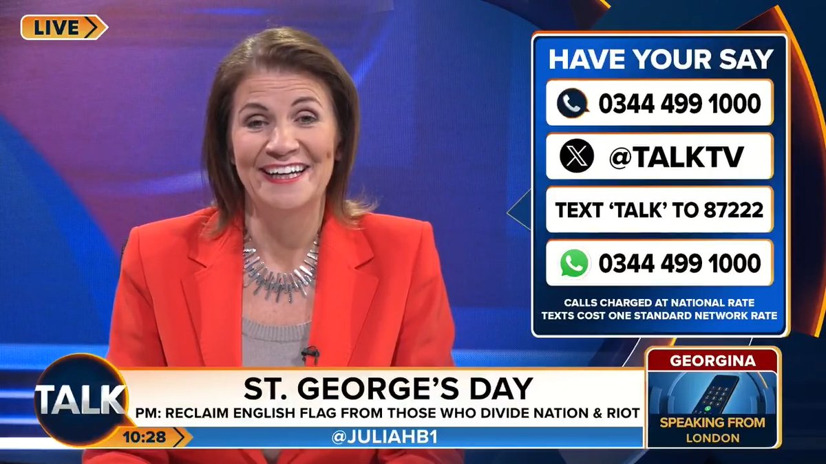 Georgina from London furiously shames Keir Starmer for "taking away" Britain's identity, and then "having the audacity" to say St George's flag 'should be reclaimed'. "How DARE he!.. He is a bigoted instigator - this man is a hater of all things British!" Julia Hartley-Brewer