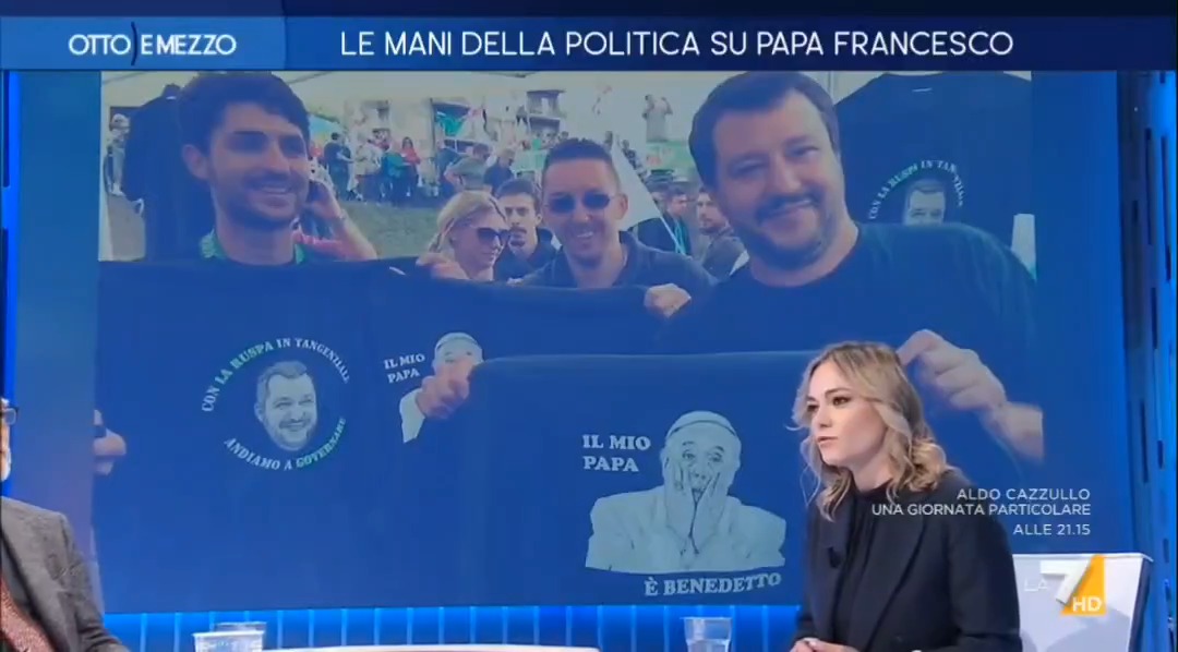 "Oggi in Parlamento è andata in scena l'ipocrisia. Niente è più lontano da Papa Francesco di questo osceno uso politico della religione. La sobrietà servirebbe anche quando si mostra il rosario nei comizi o si invoca Maria contro i migranti. Sembravano tanti farisei" #ottoemezzo