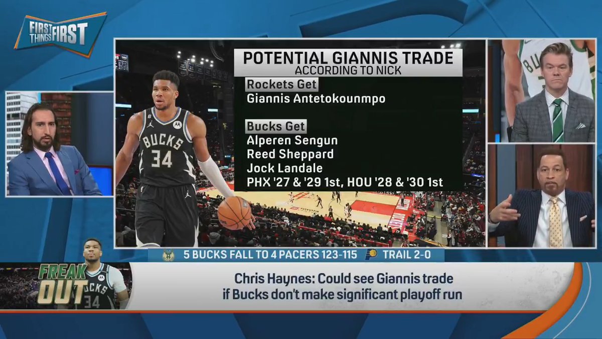 .Chris Broussard says Giannis should ask out if the Bucks lose in the first round… and he thinks he found the perfect trade destination 👀 “Houston, go get Giannis."