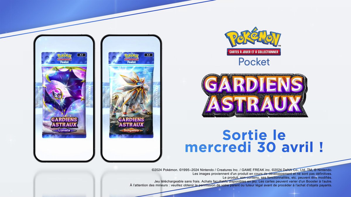 La puissance des entités solaires et lunaires, dans la paume de votre main ! L’extension Gardiens Astraux du JCC Pokémon Pocket arrive le 30 avril ! ☀️🌕 Qui d’autre a hâte de voir encore plus de Pokémon d’Alola en jeu pour la première fois ?