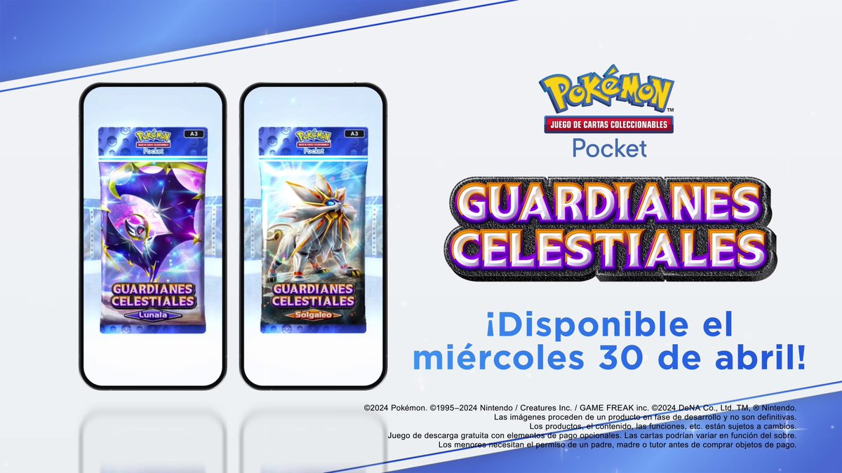 ¡El poder del sol y de la luna al alcance de la mano! Guardianes Celestiales, la nueva expansión de JCC Pokémon Pocket, estará disponible a partir del 30 de abril. ☀️🌕 ¿Estáis preparados para el debut de más Pokémon de Alola?