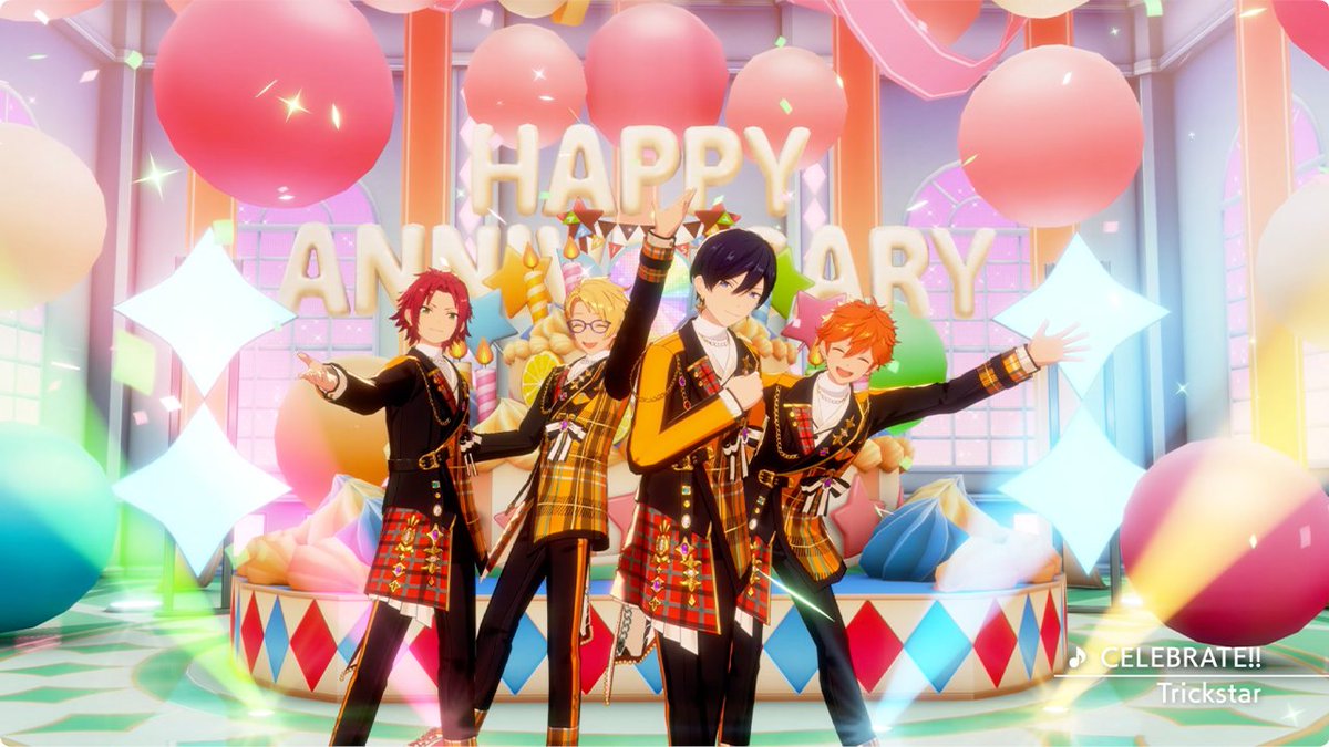 【10大発表⑨ESファン感謝祭】 4月30日〜 開催のイベント『感謝祭★君と出会ったHAPPY ANNIVERSARY』より 『Trickstar』が歌う『CELEBRATE!!』のMVを先行公開❗ 今回のMVはPV仕様でお届け🎥 イベント予告はXとアプリ内で4月28日 12時に掲載予定! #あんスタ10周年生配信