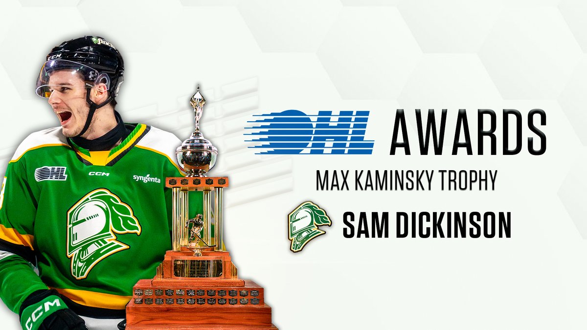 2025 #OHLAwards 🏆 Establishing a new London Knights record by a blueliner with 91 points along with a league-leading plus-64 rating, San Jose Sharks prospect Sam Dickinson earns the Max Kaminsky Trophy as #OHL Defenceman of the Year. DETAILS 📰: