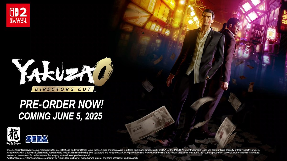 🛒Pre-order Yakuza 0 Director's Cut for Nintendo Switch 2 NOW on the Nintendo eShop and at local retailers! 🏷️$49.99 USD MSRP 📍Available June 5th Check with your selected retailer for more details.
