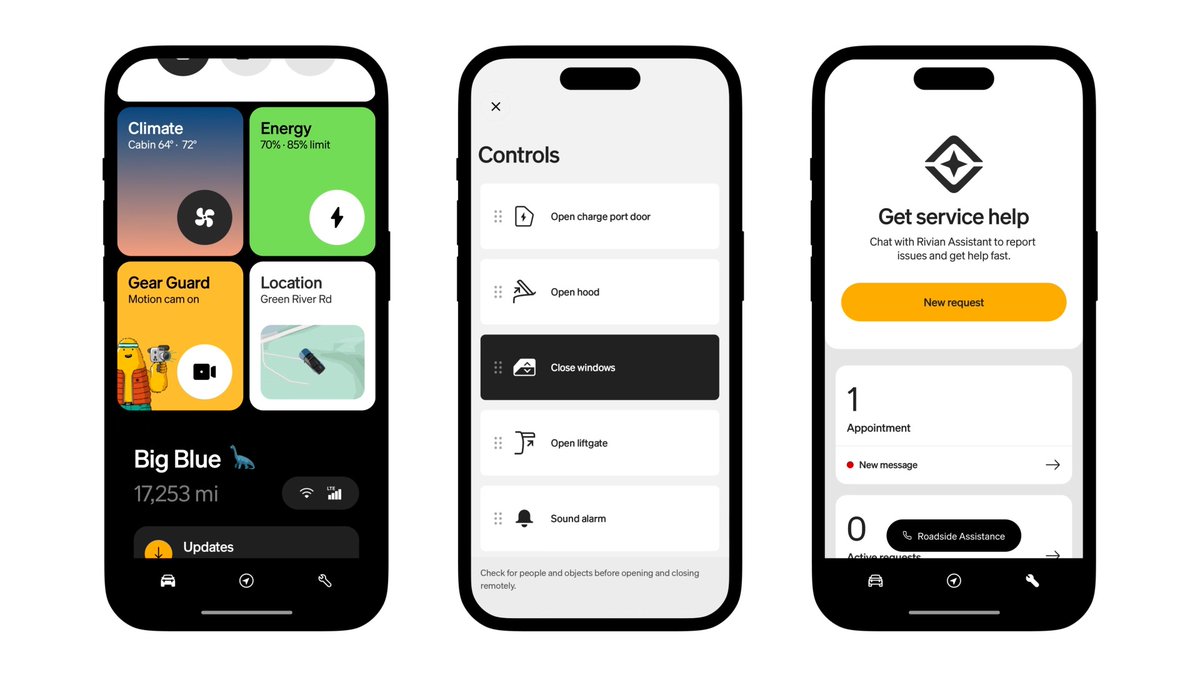 We’ve redesigned the Rivian app with a new look and a smarter flow. Here’s what’s new: ⚡️ Fresh design puts key info like range, drive modes and remote commands front and center—with color cues ⚡ Reorganized dashboard prioritizes what matters most with tabs for easier access to features like Rivian Assistant ⚡ Personalized controls to make it yours. Long press and hold, then you can rearrange remote commands Read more: