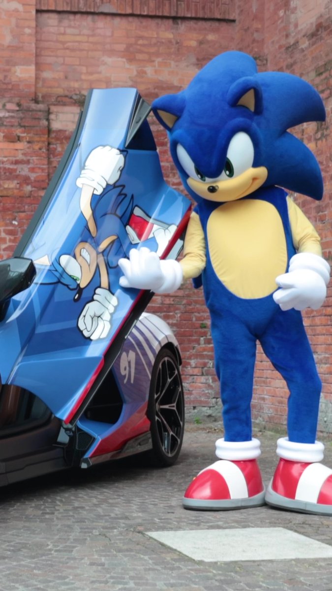Lamborghini x Sonic: two icons of speed, one car. Here's the special edition Revuelto that celebrates Sonic the Hedgehog &amp; SEGA proudly displayed at the kid's area of Bologna FC 1909 stadium.