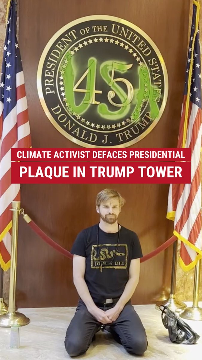 A protester defaced a plaque commemorating Donald Trump in Trump Tower, accusing the president and the "regime of private interests" of bringing the country to a "point of climate collapse."