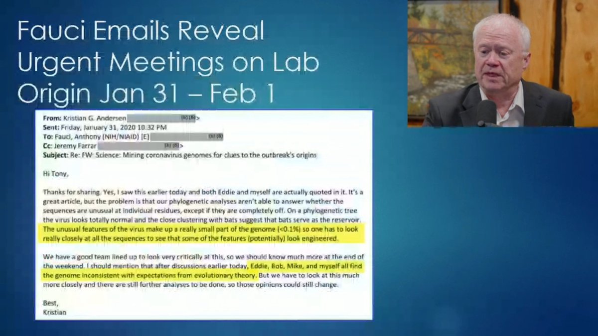 Here is the email trail I reported on in 2020 showing what The White House is now admitting, that Fauci and collaborators acted to cover up the lab origin of #covid. It all started with an email to Fauci saying that some of the features of the virus look engineered. A thread...🧵