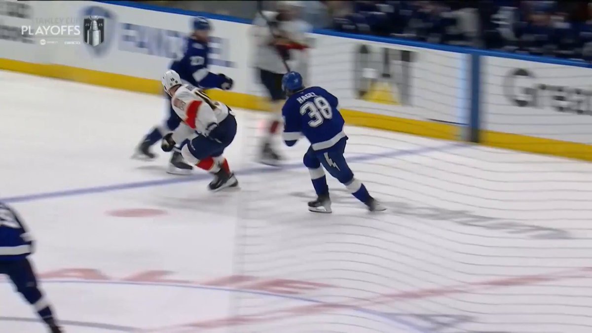 Brandon Hagel has been given a 5-minute major for this hit on Aleksander Barkov