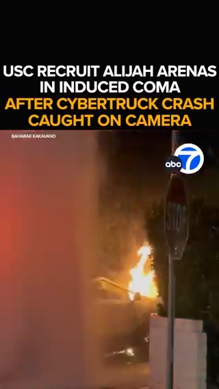 New video shows the moment USC recruit Alijah Arenas' Cybertruck flew off a Valley road, and into a tree and fire hydrant. The basketball standout is now in an induced coma. An update on his condition, and new video of the crash - Tonight at 11 from ABC7