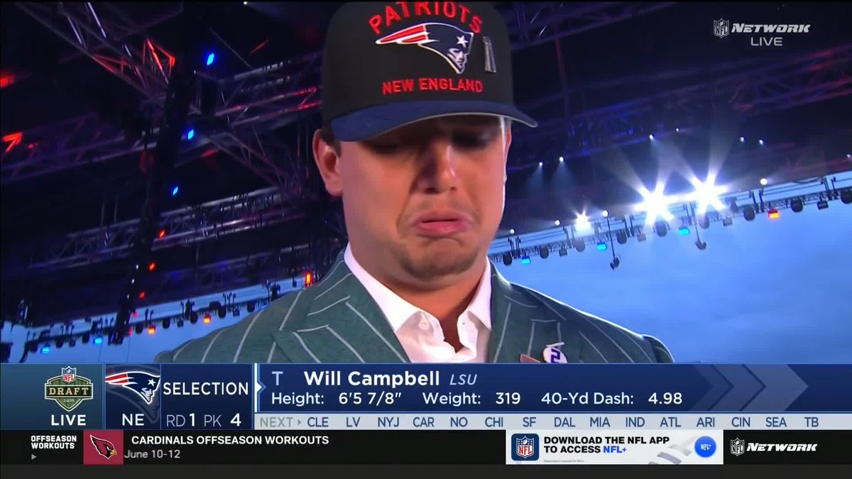 The emotional moment Will Campbell was moved to tears after the New England Patriots selected him with the No. 4 pick in the NFL draft 🥲