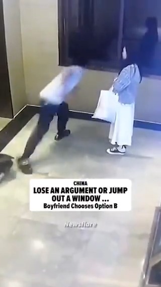 In a WILD clip, a man in China threw himself out of a window, cartoon-style -- seemingly in order to avoid an argument with his girlfriend 😳😱 Full story: (🎥: Newsflare)