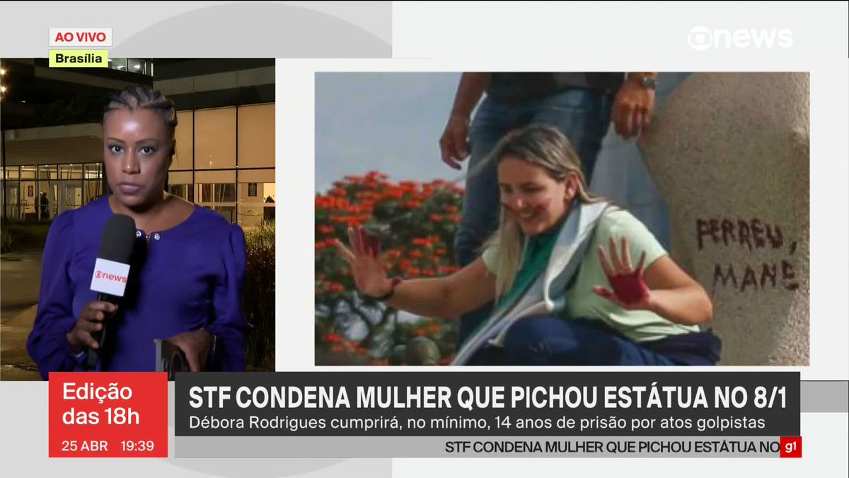 A Primeira Turma do STF formou maioria, nesta sexta-feira (25), para condenar a cabeleireira Débora Rodrigues dos Santos a 14 anos de prisão. Karla Lucena detalha. ➡ Assista ao #Edição18: #GloboNews
