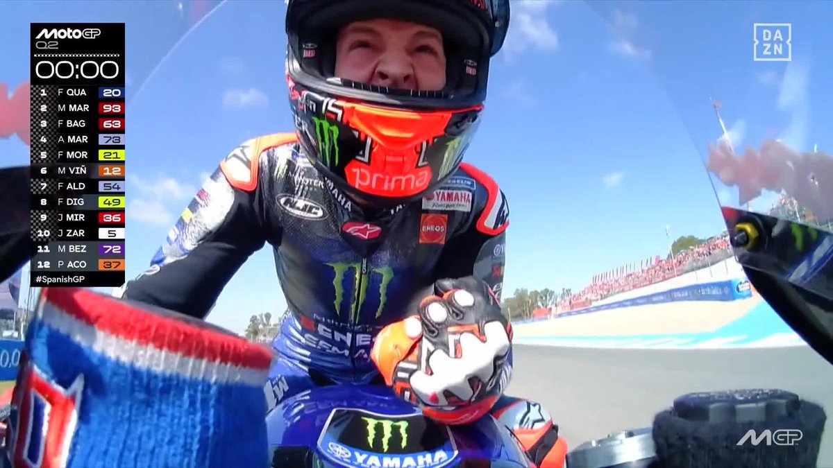 La alegría de volver a salir desde la cabeza. Del que ha logrado una nueva pole 1134 días después 🎩 Lo de Fabio Quartararo en Jerez es HISTÓRICO 🚀 🔗 #SpanishGP 🇪🇸 #MotoGP 🏁