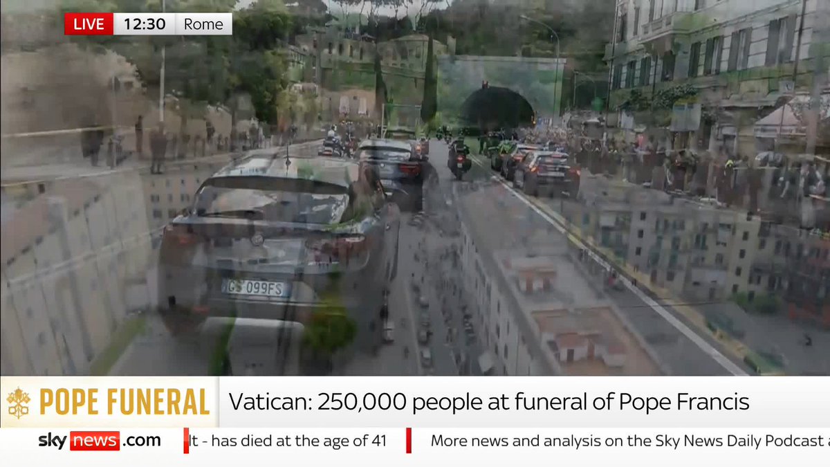 Pope Francis's coffin is being driven through the thousands of people lining the streets. This is the last time the public will see the Pope's coffin before it is buried in Rome's Basilica of Santa Maria Maggiore. 📺 Sky 501 and YouTube