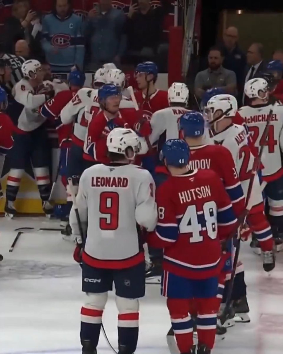 Best part of the Caps vs Habs brawl last night? Former teammates Ryan Leonard and Lane Hutson holding hands and watching the chaos unfold around them 😂🤝
