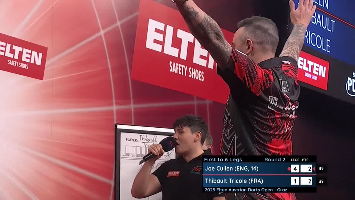 WHAT A LEG OF DARTS! Blink and you definitely, definitely won't miss it! 😂 Joe Cullen closes out a cheeky 40-dart hold of throw to lead Thibault Tricole 5-1! 📺 #ET5 | R2