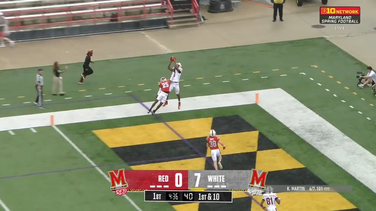 Have a half, Mekhai White! 💥 Watch the WR's pair of TD grabs in the first half of the Maryland Football spring game 👇 #B1GFootball