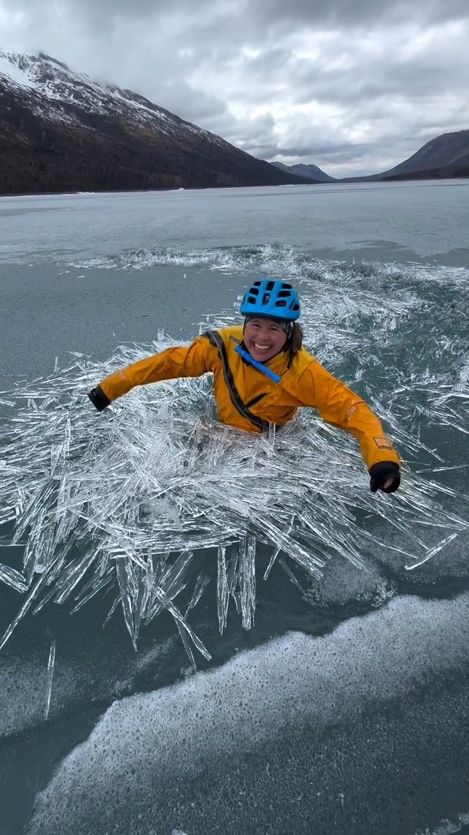 Luc Mehl waited all winter for the opportunity to play with—and learn more about—candle ice. Luc is an ice rescue instructor based in Anchorage, Alaska. Columnar ice forms when the initial ice growth is fast and there are many nucleation points, which results in smaller crystals on the surface of the water. Once the crystals can’t grow larger at the surface, they grow down into the water, forming columns. Candle ice forms when the boundaries between columnar ice melt. The ice rapidly weakens and can’t support weight—very dangerous conditions for travelers. During the winter, Luc visited this lake twelve times to create a mental map of the different ice zones. The payoff was a fun (and cold!) bike-to-swim date with his wife Sarah Mehl Histand. 📽️ : lucmehl via IG #getoutside #ice #frozen