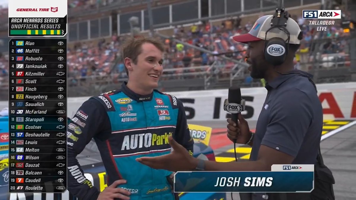 "I can't believe it!"- Lawless Alan- CEO of Racing talks with Josh Sims after his first career ARCA win at Talladega.