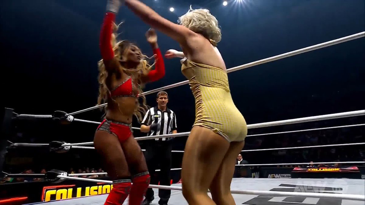 Inventive offense from Queen Aminata sends AEW Women’s World Champion “Timeless” Toni Storm to the floor! Watch #AEWCollision on TNT &amp; MAX @Amisylle