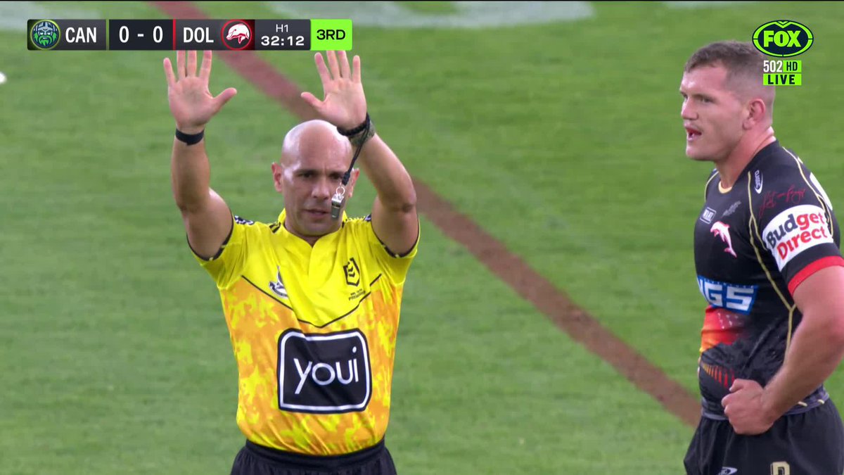 Kodi Nikorima was sent to the sin bin for this high tackle. 📺 Watch #NRLRaidersDolphins on ch.502 or stream on Kayo: ✍️ BLOG 🔢 MATCH CENTRE