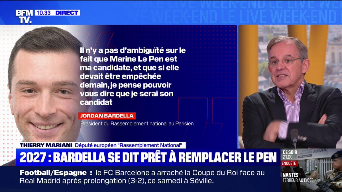 Présidentielle 2027: "Jordan Bardella est le candidat naturel", explique Thierry Mariani (RN) en cas d'inéligibilité confirmée de Marine Le Pen