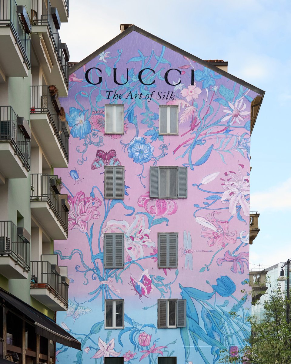 #GucciFlora takes Milan. Blooming compositions of the House’s iconic motif unfold across the #GucciArtWall, turning the city into a canvas for the contemporary interpretation by artist #YuCai for the #Gucci90x90 project. #GucciTheArtOfSilk
