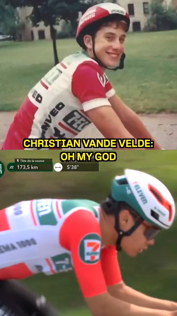 Christian Vande Velde reacts to seeing himself in a 1991 7-Eleven kit as a kid. 😂 #LBL VandeVelde,Christian