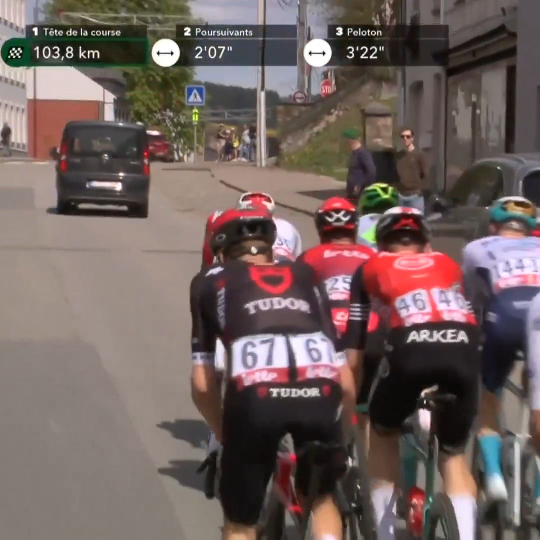 Someone drives a car onto the road right in front of the Liege-Bastogne-Liege breakaway. 😬 📺: Peacock