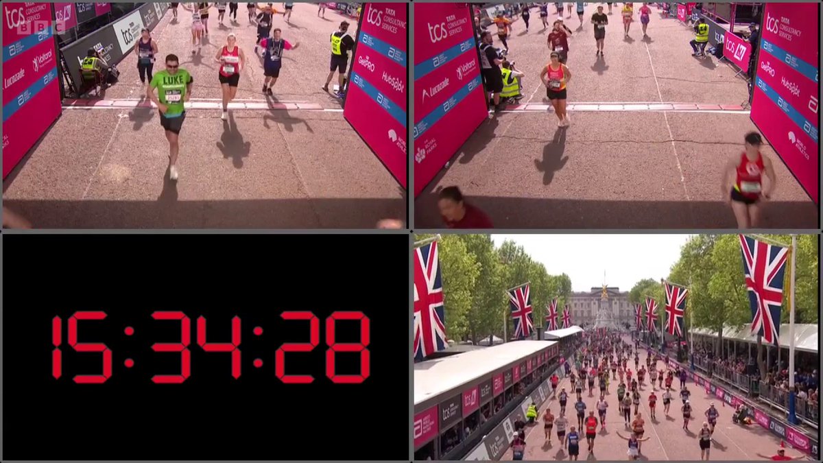 Look at him dodge and weave! 🤩 This finish from the Fridge Man is unbelievable. 26.2 miles with a fridge strapped to your back and you pull off a sprint finish 👊 #LondonMarathon #BBCMarathon