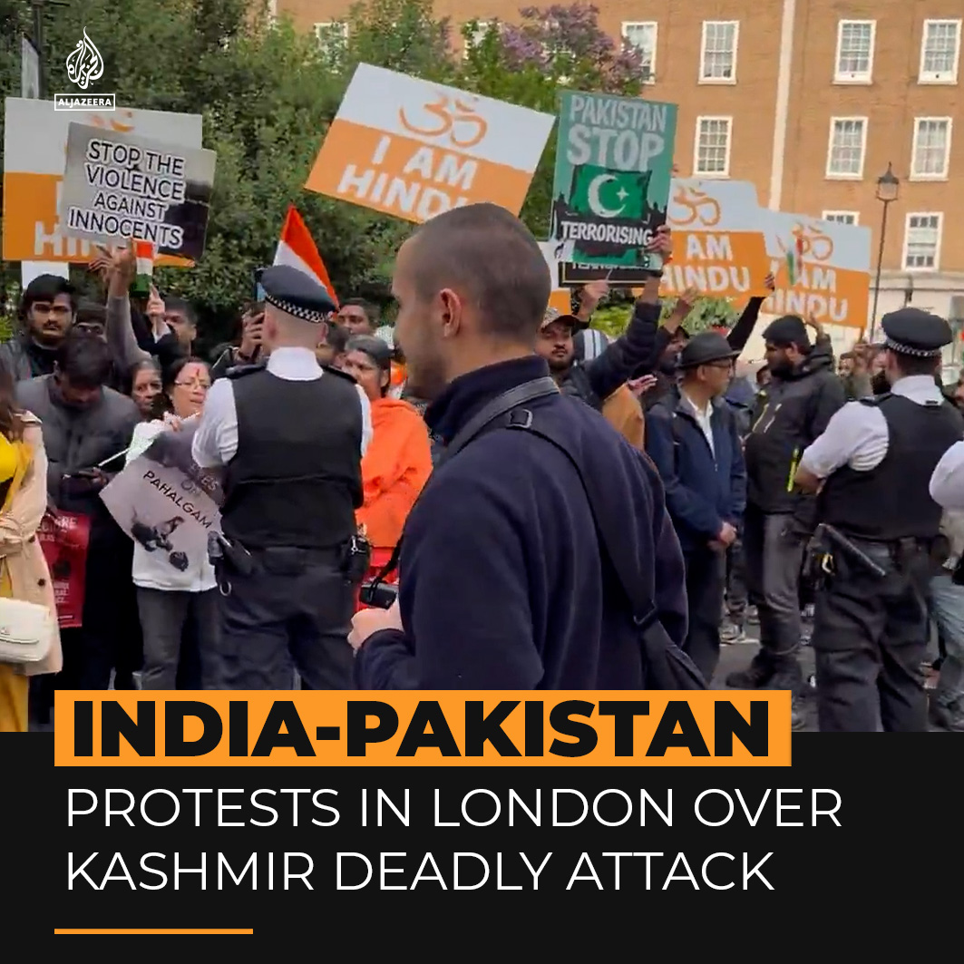 Protests between Indian and Pakistani diaspora communities have erupted in London as tensions soar between both countries in the wake of a deadly attack in Indian-administered Kashmir. India blamed Pakistan for the shooting in Pahalgam which killed 26 tourists.