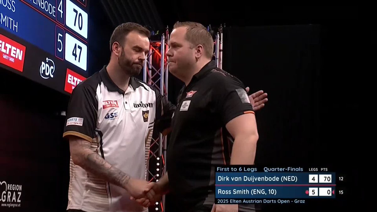 SMITH DEFEATS DIRK! Ross Smith defies a blistering early barrage from Dirk van Duijvenbode to complete a 6-4 victory and move through to the semi-finals here in Graz! 📺 #ET5 | QFs
