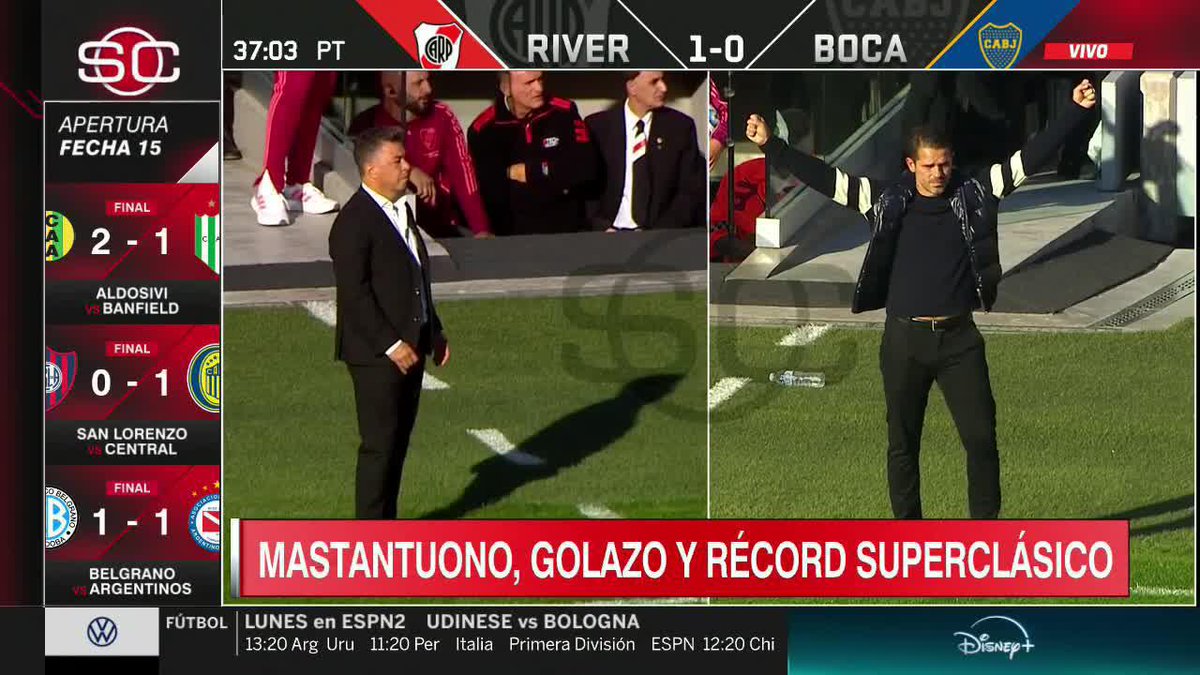 BRAZOS EN ALTO Y PALABRAS AL ARBITRAJE Y A SUS JUGADORES: así vivió Gago el gol de Merentiel para el 1-1 de Boca ante River. 📺 #SportsCenter | #DisneyPlus