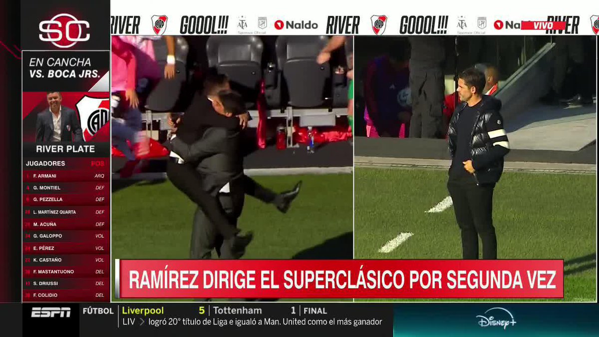 LO GRITÓ CON TODO Y SE TREPÓ A BISCAY: así reaccionó el Muñeco Gallardo al gol de Driussi para el 2-1 de River ante Boca en el Más Monumental. 📺 #SportsCenter | #DisneyPlus