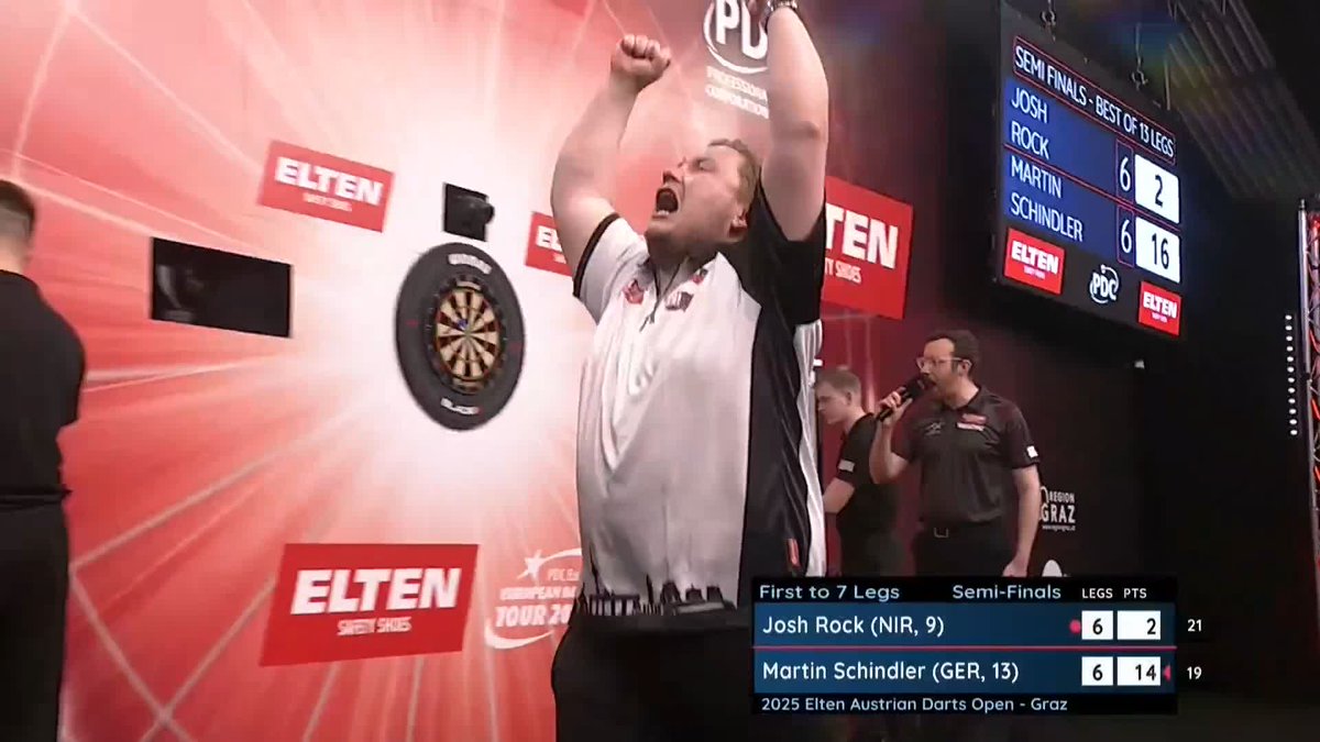 SCHINDLER INTO THE FINAL! 🇩🇪 ASTONISHING! Martin Schindler recovers from 6-4 down to edge out Josh Rock and progress to the Austrian Darts Open final, after surviving SEVEN match darts in the decider! 📺 #ET5 | SFs