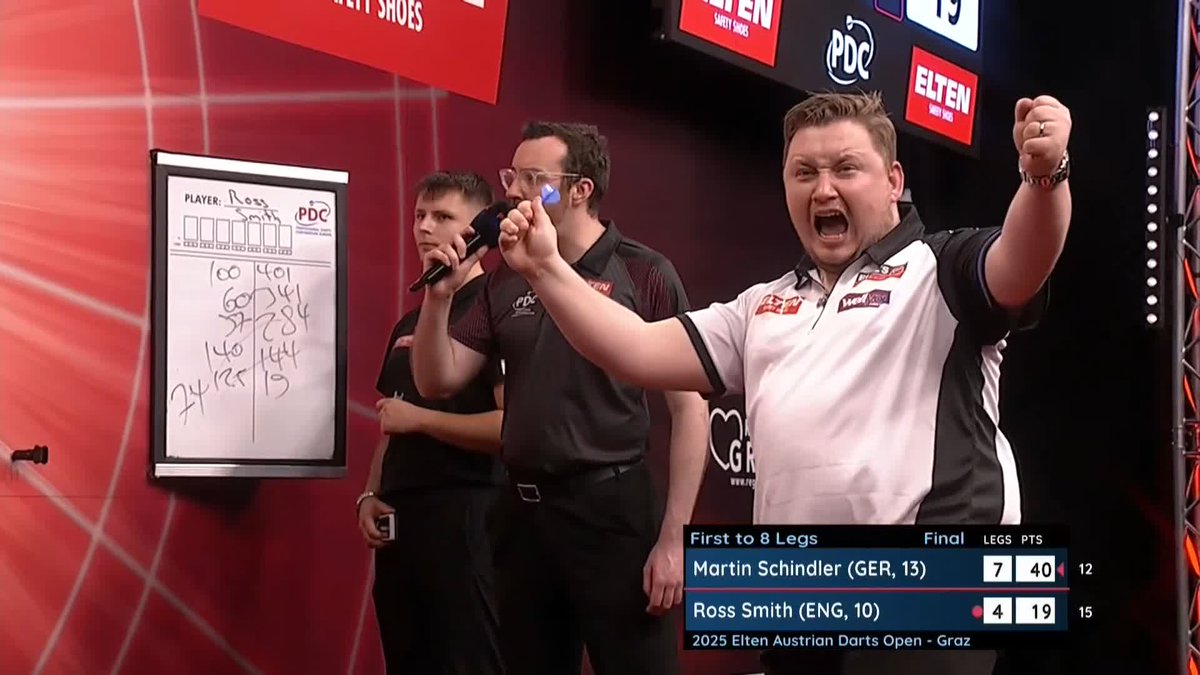 SCHINDLER SEALS GRAZ GLORY! 🏆 It's a hat-trick of European Tour titles for Martin Schindler! The German number one defeats Ross Smith 8-4 to win the Elten Safety Shoes Austrian Darts Open! 📺 #ET5 | Final