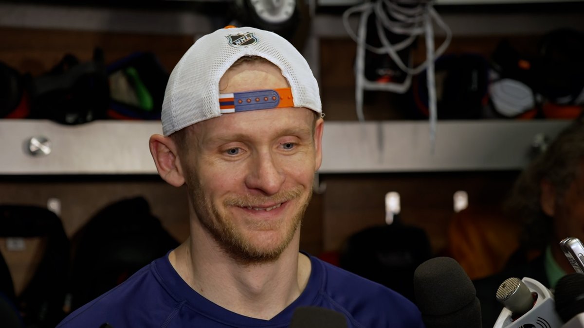 "It all happened so fast, just instinct. I saw the puck laying there on the goal line after I hit it &amp; just banged it in." Corey Perry on his goal in the second period to get the #Oilers on the board. Enterprise | #LetsGoOilers