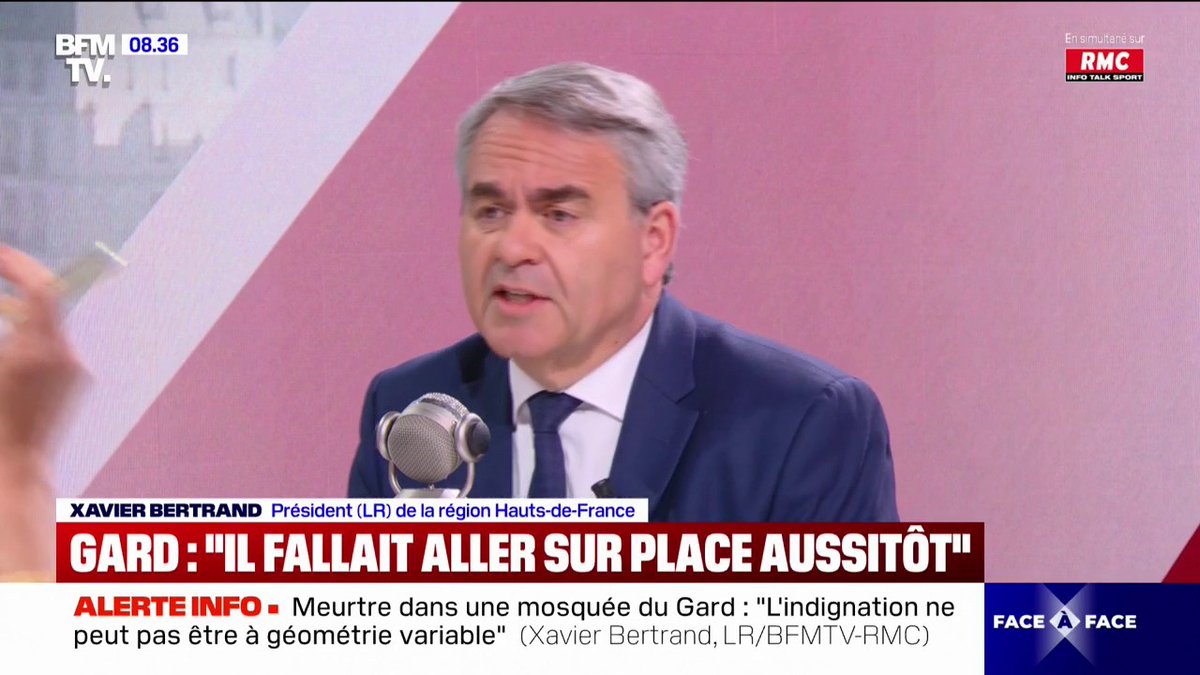 Meurtre dans une mosquée du Gard: Xavier Bertrand (LR) dénonce les politiques qui font "l'amalgame entre les islamistes (...) et nos compatriotes musulmans"