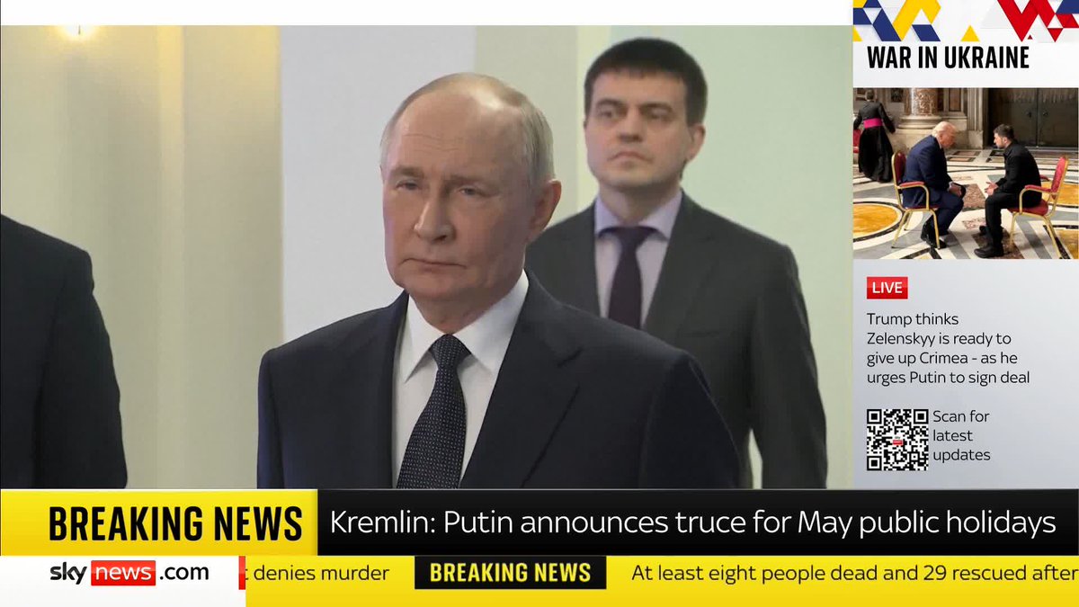 BREAKING: Putin has announced a four-day ceasefire in Ukraine, from midnight on 7-8 May until May 11, for the VE Day anniversary Live updates ➡️ 📺 Sky 501, Virgin 602, Freeview 233 and YouTube