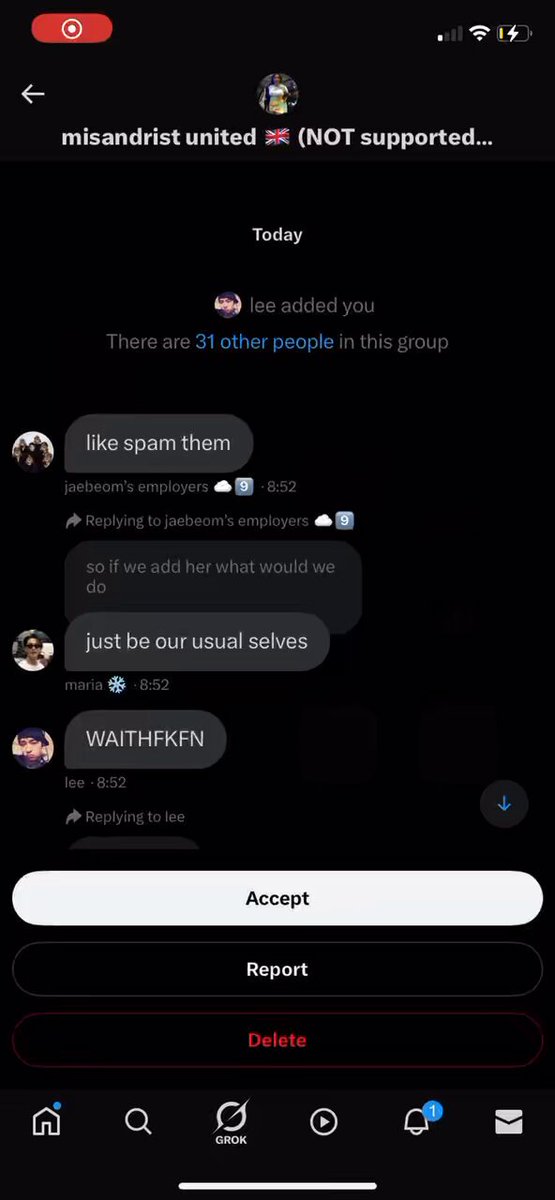 okay so it’s annoying to do this and i tried to keep it to myself cause whatever it’s twt. but i can’t anm. a few days ago i woke up w this in my dm requests. it is a gc apparently that hates me…? not sure. they added me to it with malicious intent.