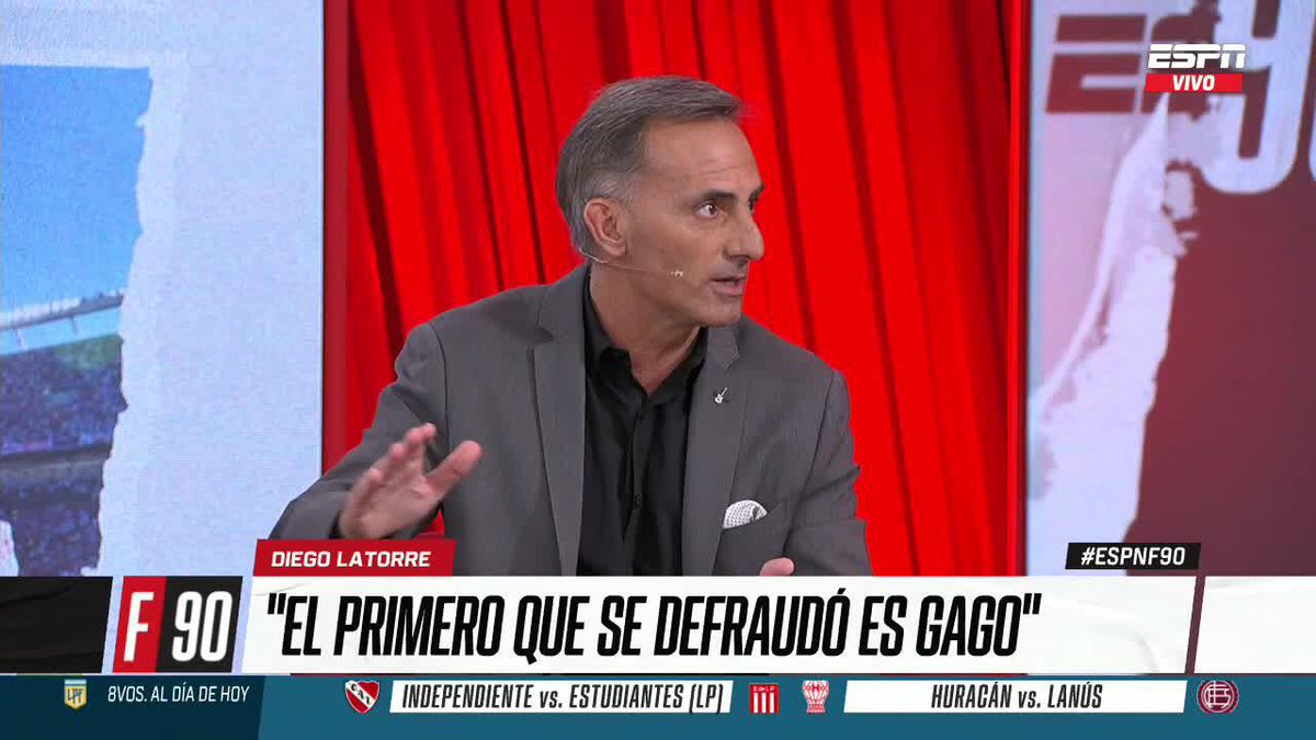 "EL PRIMERO QUE SE DEFRAUDÓ FUE GAGO. JUGAR CONTRA UN EQUIPO COMO RIVER, QUE YA TIENE SU DIFICULTADES Y NO IR A JUGAR DE IGUAL A IGUAL, HABLA DE UN COMPLEJO DE INFERIORIDAD MUY GRANDE QUE VA A TENER QUE RESOLVER" ✍️ Diego Latorre en #ESPNF90 📺 ESPN Argentina | #DisneyPlus