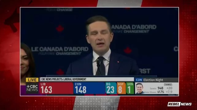 Conservative Leader Pierre Poilievre delivers his concession speech after failing to win the federal election tonight. "We know that change is needed, but change is hard to come by."