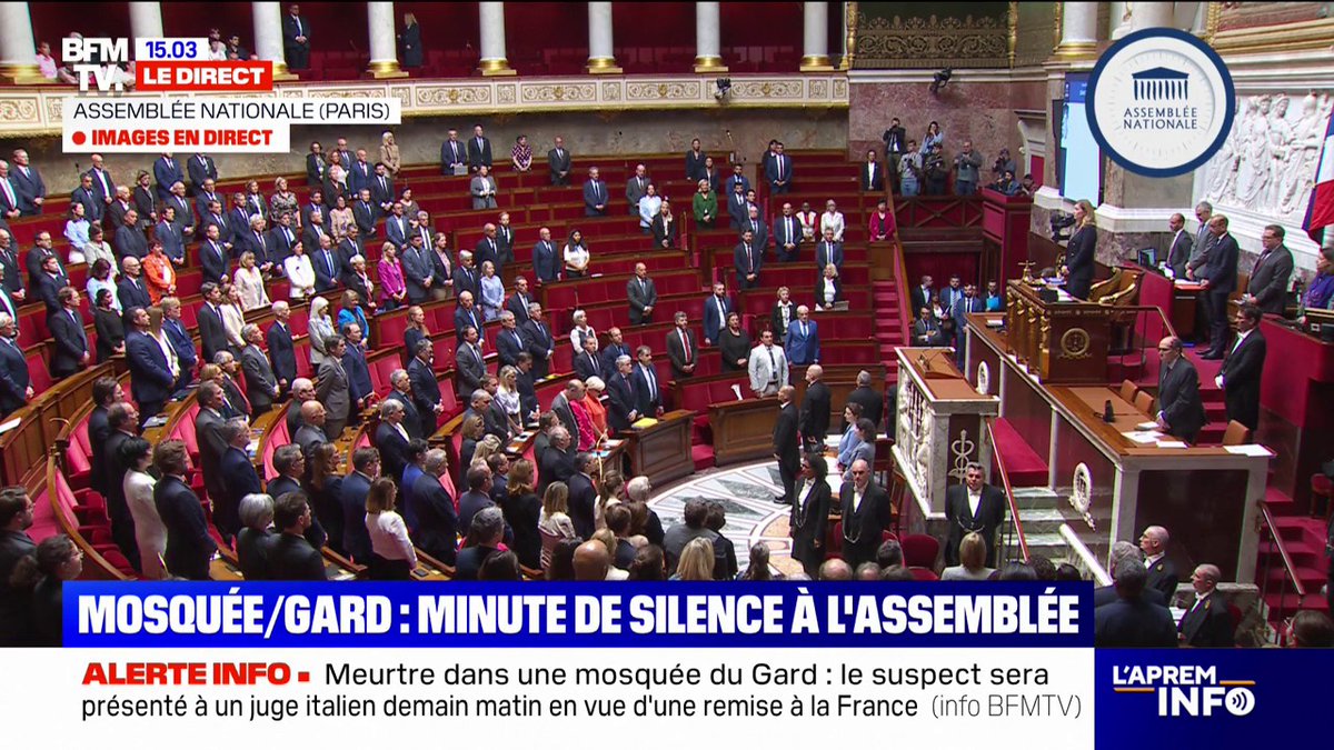 🇫🇷 FLASH - Une minute de silence est observée dans l’hémicycle de l’Assemblée nationale en hommage à Aboubakar Cissé, assassiné dans une mosquée du Gard.