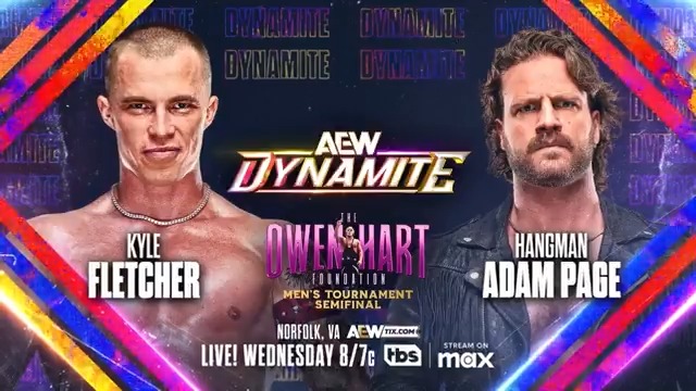 TOMORROW, 4/30 #AEWDynamite Norfolk, VA LIVE at 8ET/7CT on TBS Network + Sports on Max! The Owen Hart Foundation Tournament Men's Semifinal Kyle Fletcher カイル・フレッチャー vs Hangman Page This Wednesday, The Invisible Hand Family’s Fletcher goes one-on-one with Hangman to decide who faces Will Ospreay • ウィル・オスプレイ in the #OwenHartCup finals at #AEWDoN!